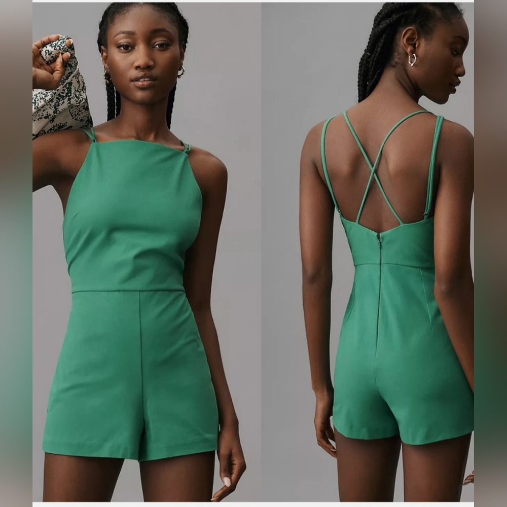 Green Strappy Back Romper Maeve/Anthropologie. NWT, L